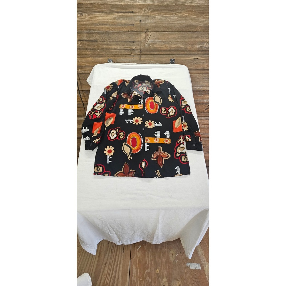 Cascais of California Women L Black Abstract Floral Button Up Shirt Long Sleeve